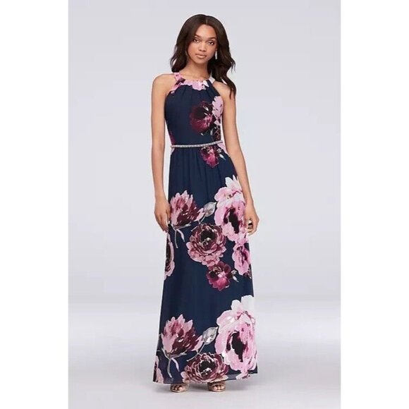 S.L. Fashions Navy and Pink Floral Maxi Dress - Picture 1 of 7
